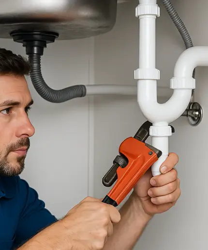 Skilled Plumber Fixing Kitchen Sink Pipe